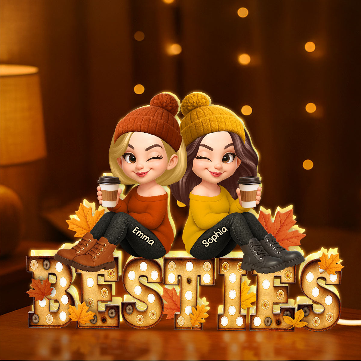 Fall Besties Sitting On Text Marquee Effect Personalized Light Box, Meaningful Gift For Best Friends