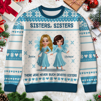 Sisters Sisters Besties in Blue Dresses Personalized Faux Knitting Ugly Sweater, Christmas Matching Costume For Sisters, Best Friends