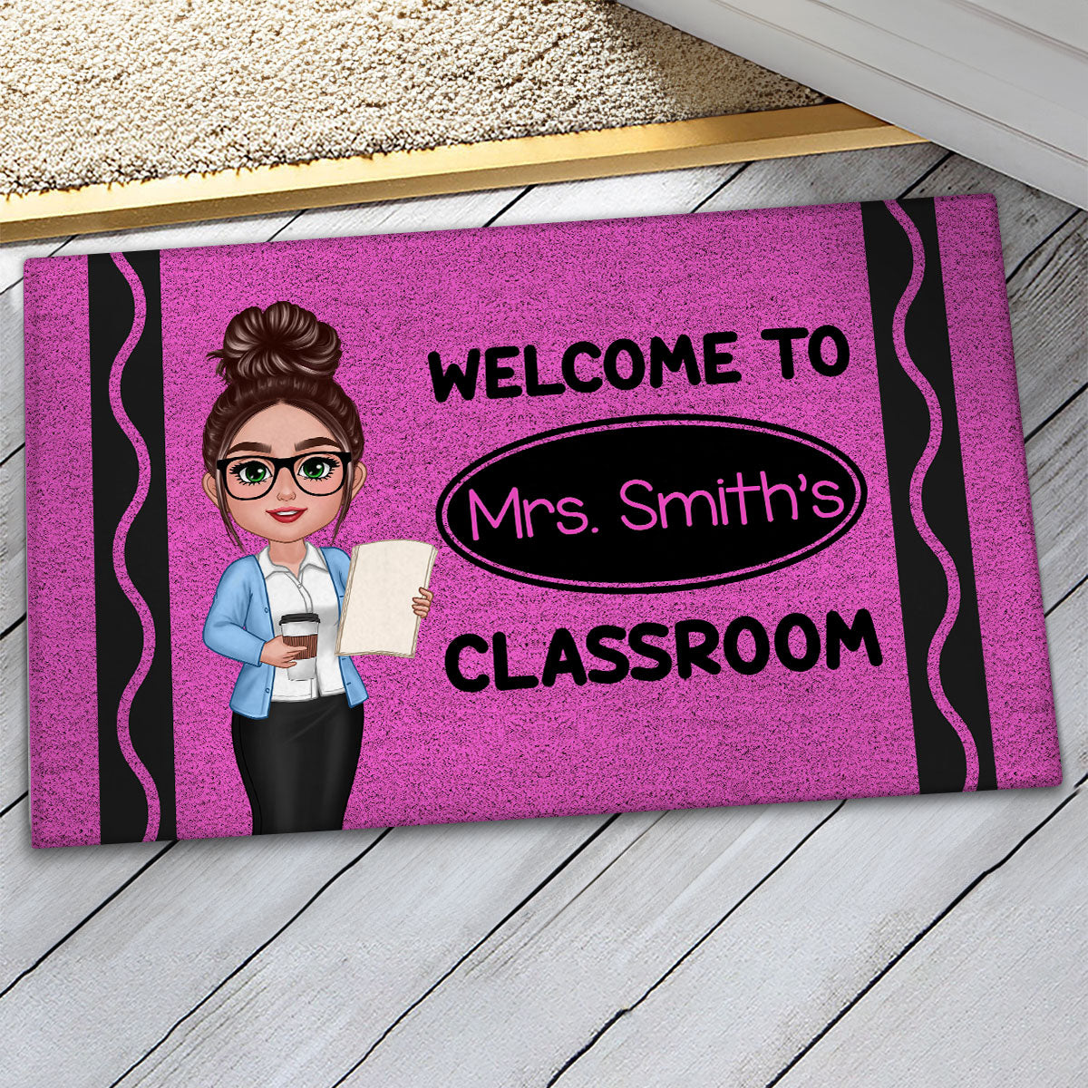 Welcome To Teacher Classroom Crayon Patter - Personalized Doormat - Back To School Gift, Classroom Decoration