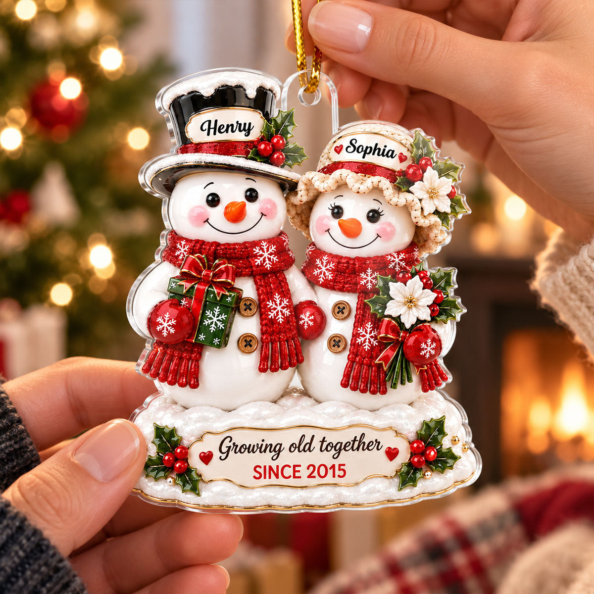 Snowman Couple Growing Old Together - Personalized Acrylic Ornament - Christmas Keepsake Gift for Her, Gift for Him