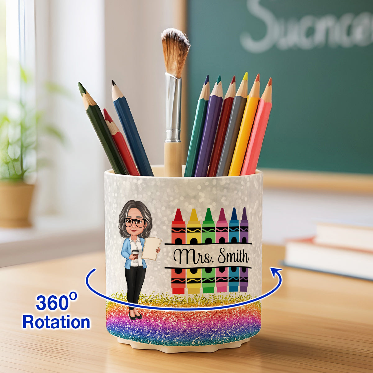 Teacher Crayon Glitter Texture Personalized Rotating Pen Holder, Teacher Appreciation Gift, Back To School Gift