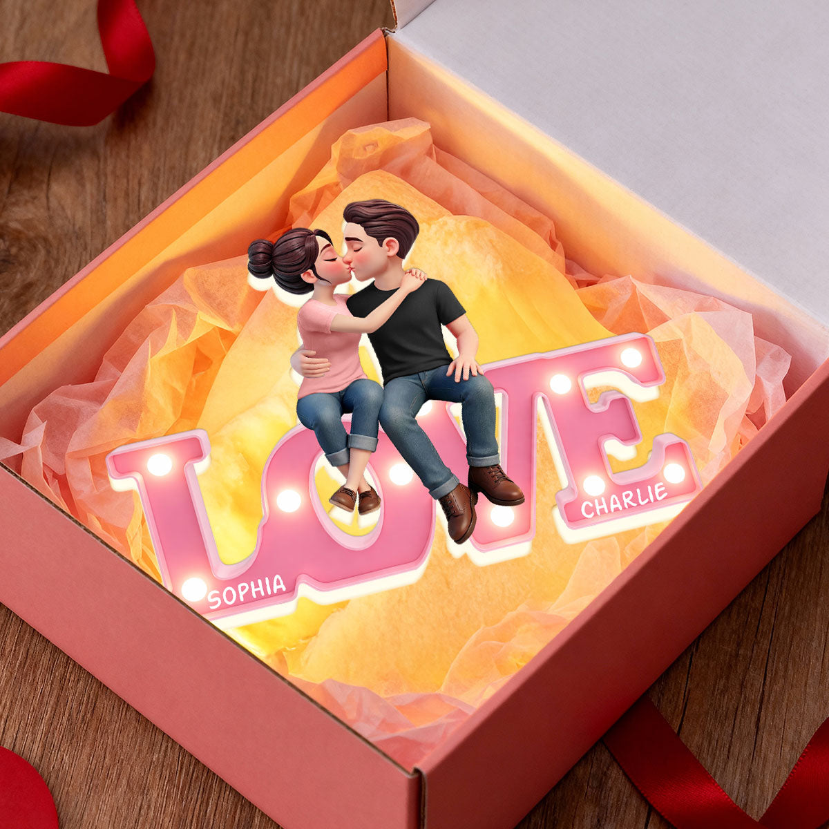 Everlasting LOVE Couple Sitting Kissing - Personalized Light Box - Valentine's Day Gift For Couple, For Him, For Her