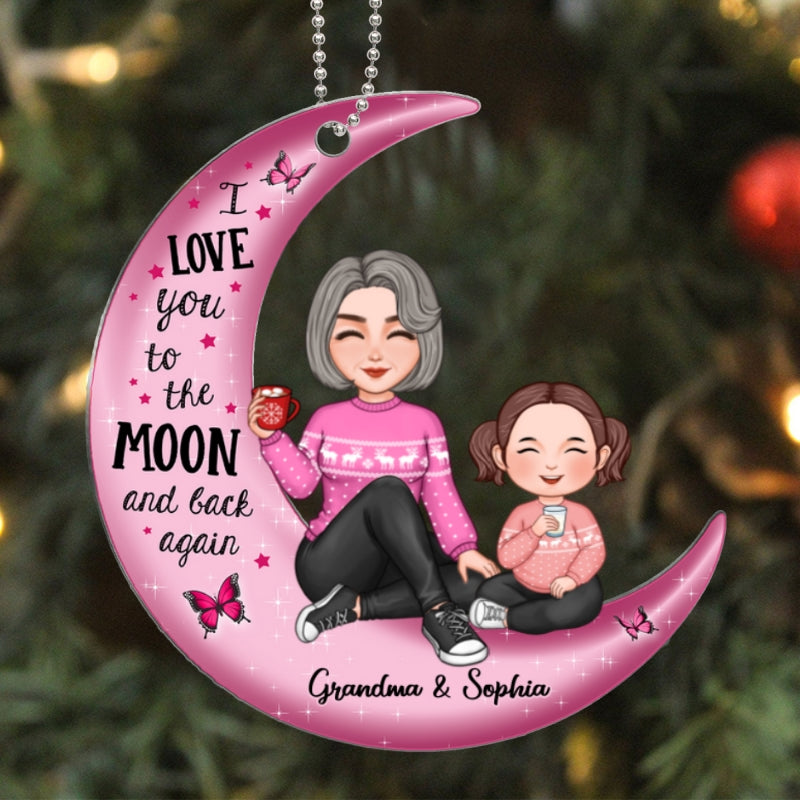 Cute Grandma Grandpa & Grandkid On Pink Moon Christmas Gift Personalized Acrylic Ornament