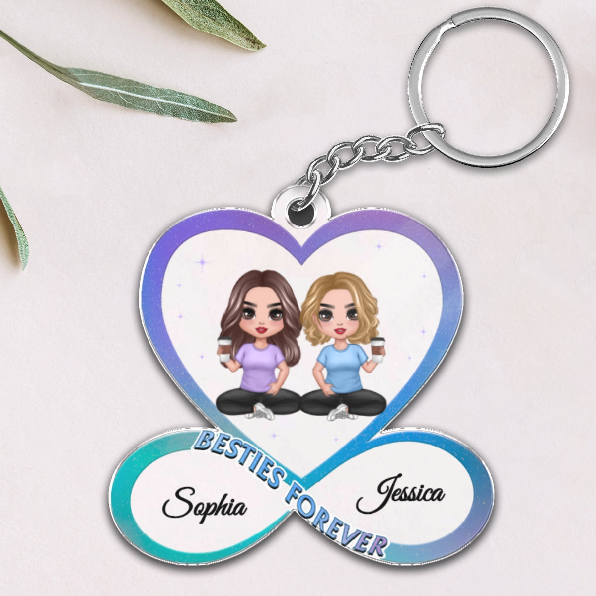 Sisters Besties Forever Doll Girls Sitting Infinity Heart Personalized Acrylic Keychain