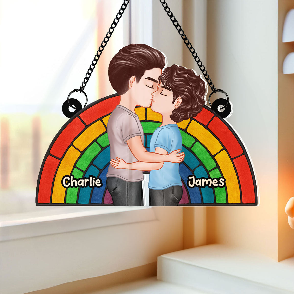 LGBT Flag Rainbow Couple Kissing Personalized Suncatcher