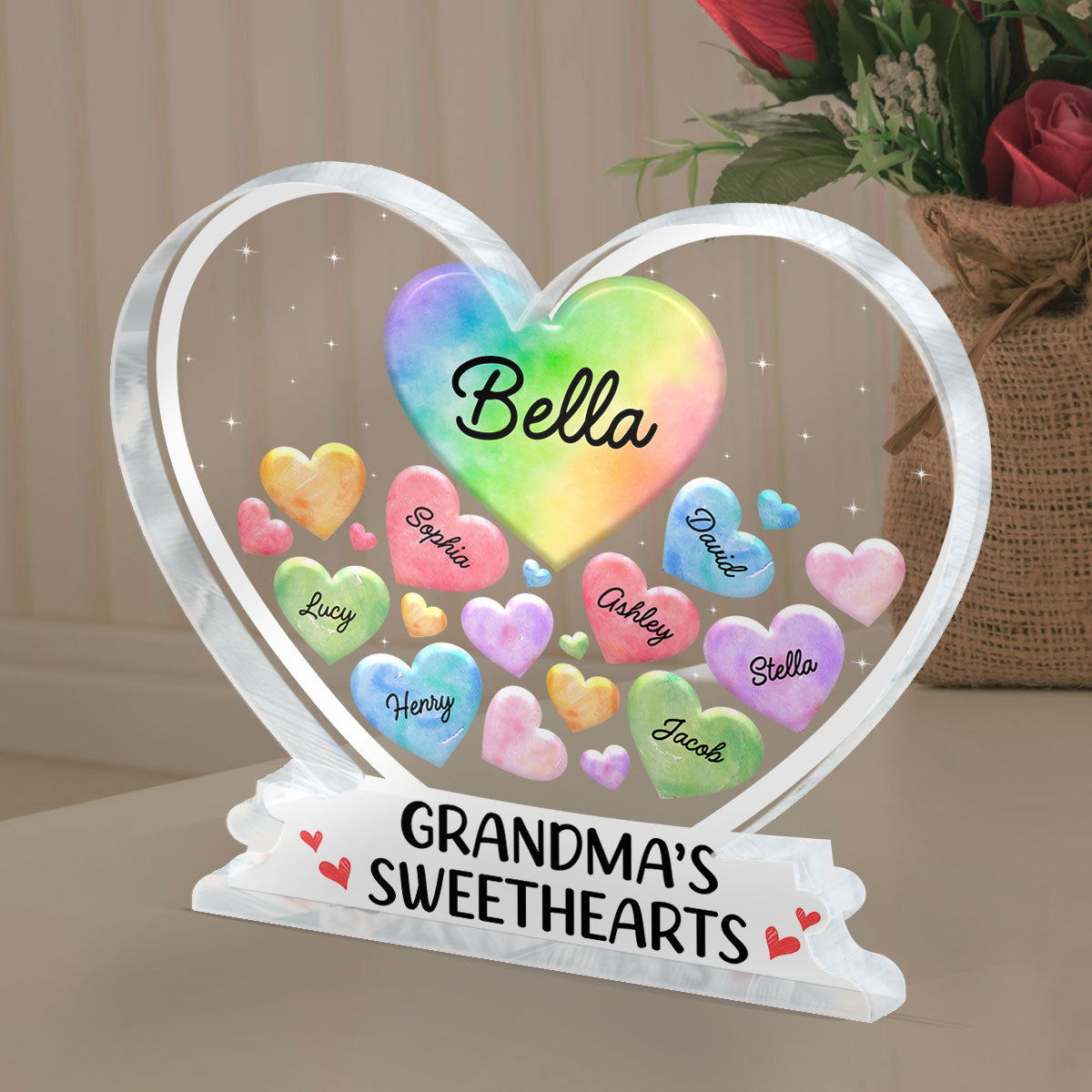 Grandma‘s Sweethearts Colorful Hearts In Heart Personalized Acrylic Block Plaque, Mother’s Day Gift For Grandma, Mom