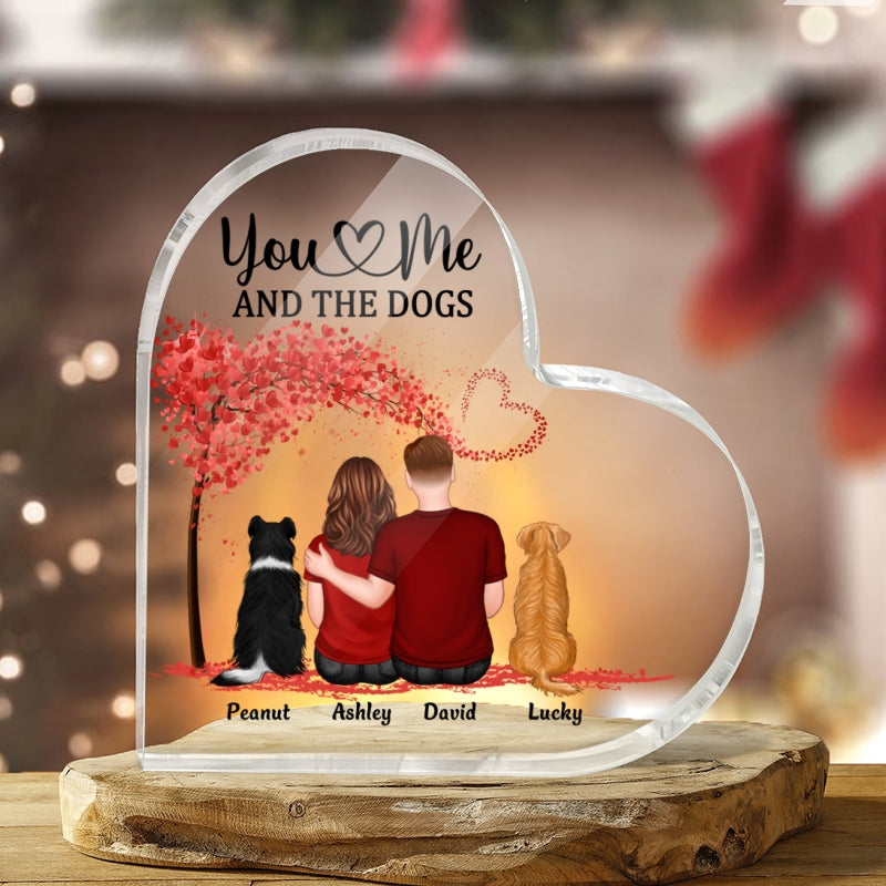 Couple Sitting Back View You Me & The Dog Cat Pets Personalized Heart Plaque