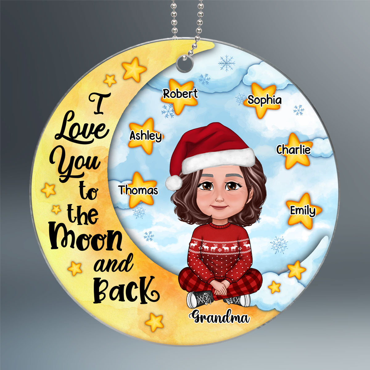 Cute Grandma Crossed Legs Sitting On Moon Stars Personalized Acrylic Ornament