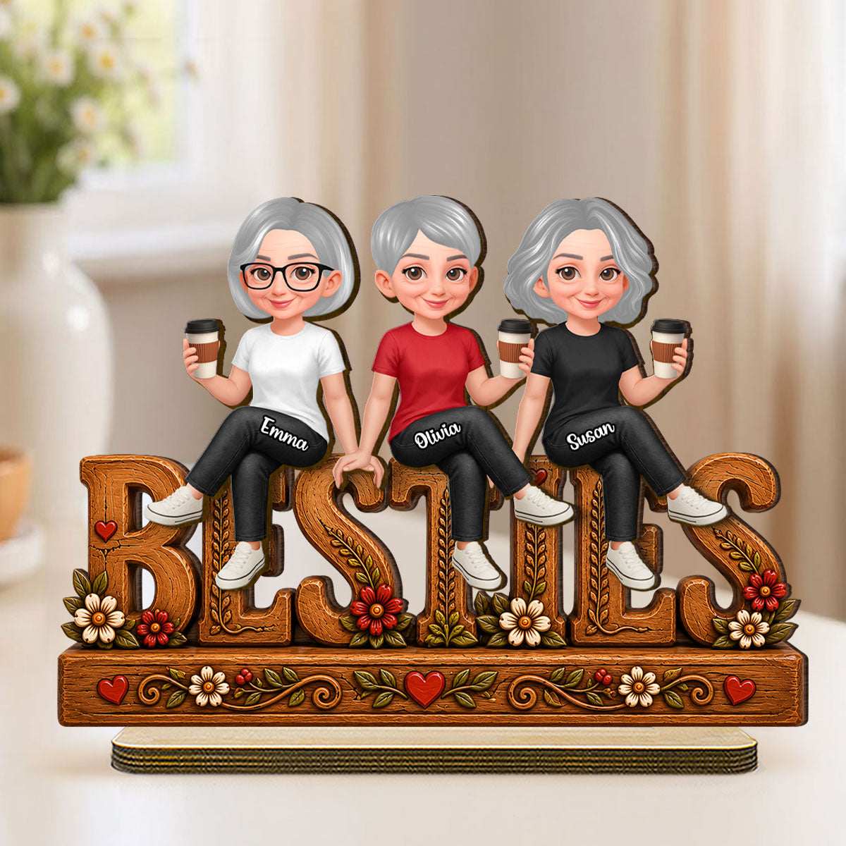 Floral Besties Forever Friends Forever - Personalized 2-Layered Wooden Plaque - Birthday Gift, Gift For Best Friends