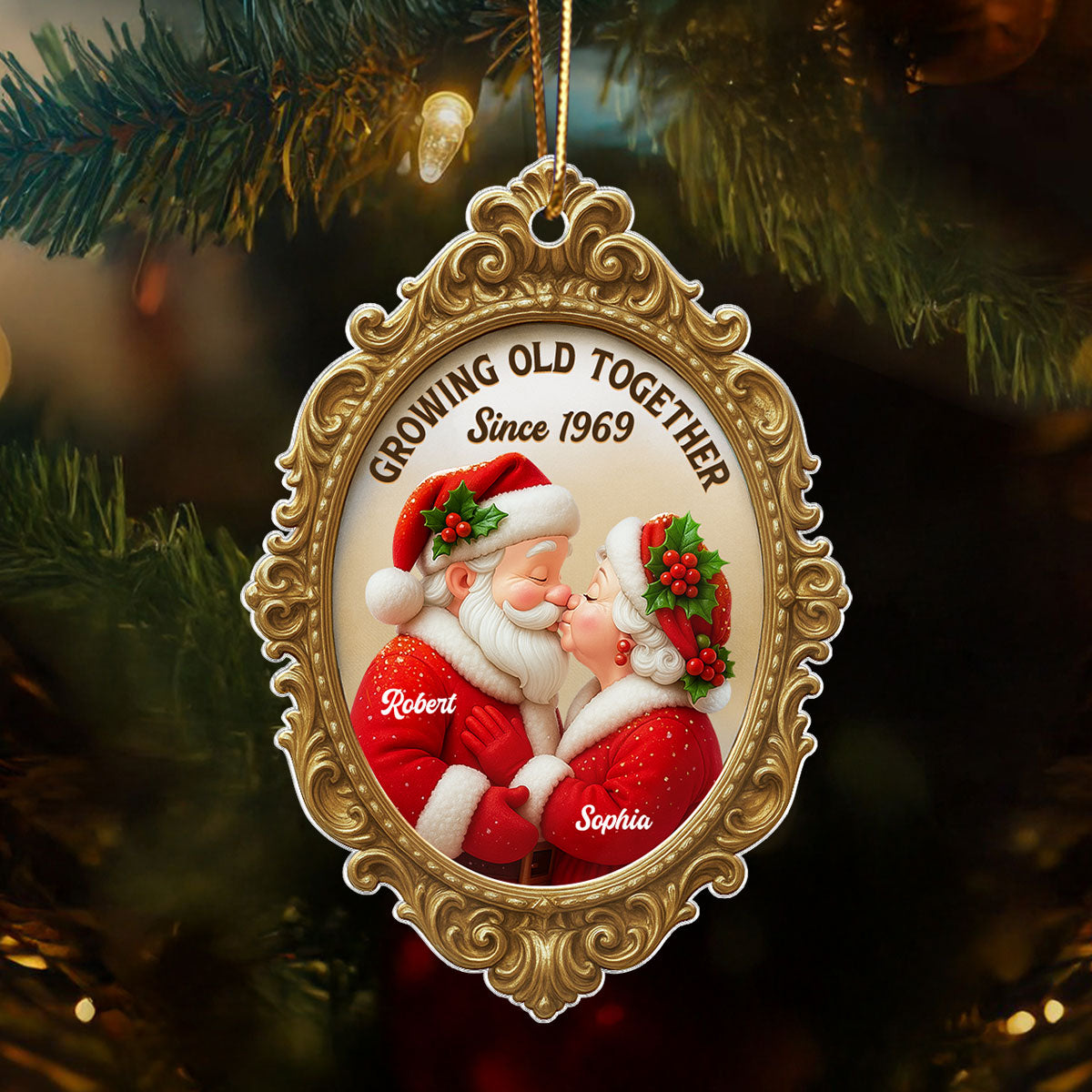 Vintage Golden Frame 3D Effect Mr Mrs Clause - Personalized Acrylic Ornament - Christmas Gift For Couples