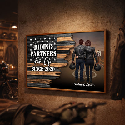 Eternal Love Back View Biker Couple Riding Partners For Life Half Nation Flag - Personalized Poster - Gift For Couple, Bikers, Gift For Him, For Her