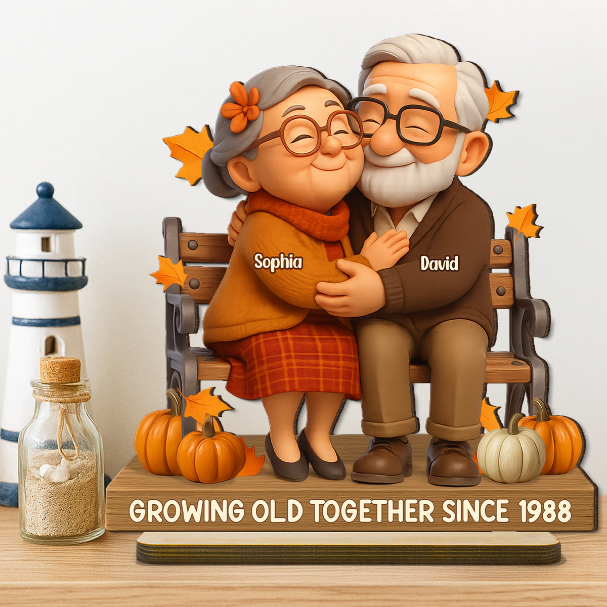 Old Couple Sitting Hugging Personalized Standing Wooden Plaque, Fall Decor for Couples