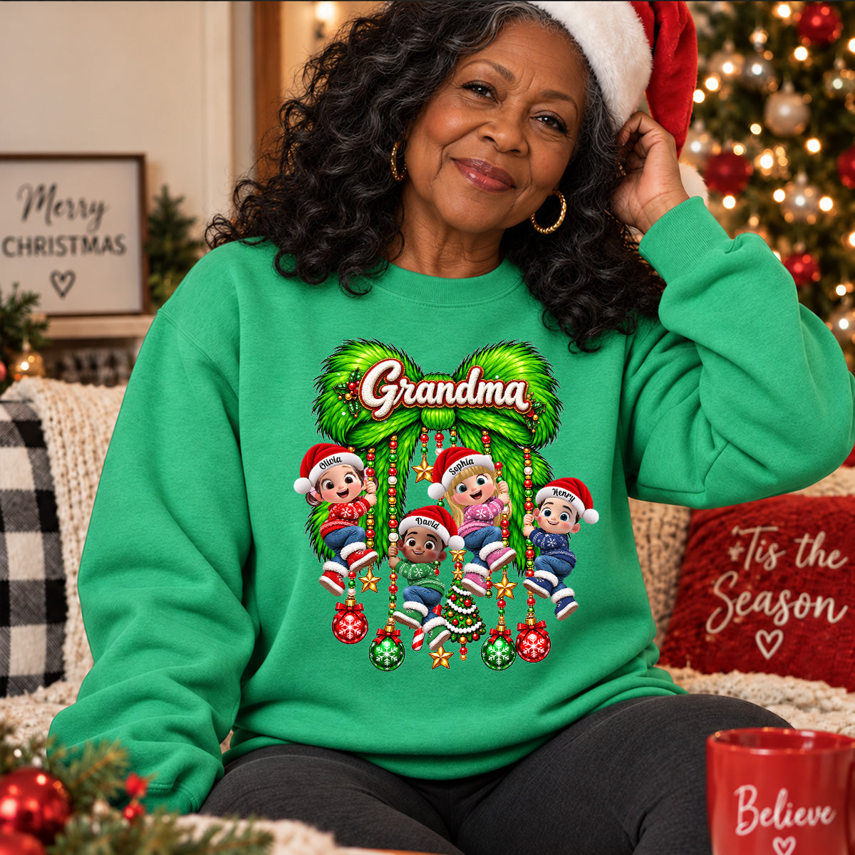 Cute Grandkids Green Bow Charm - Personalized Shirt - Trendy Christmas Tee for Grandma, Christmas Gift for Mom, Wife