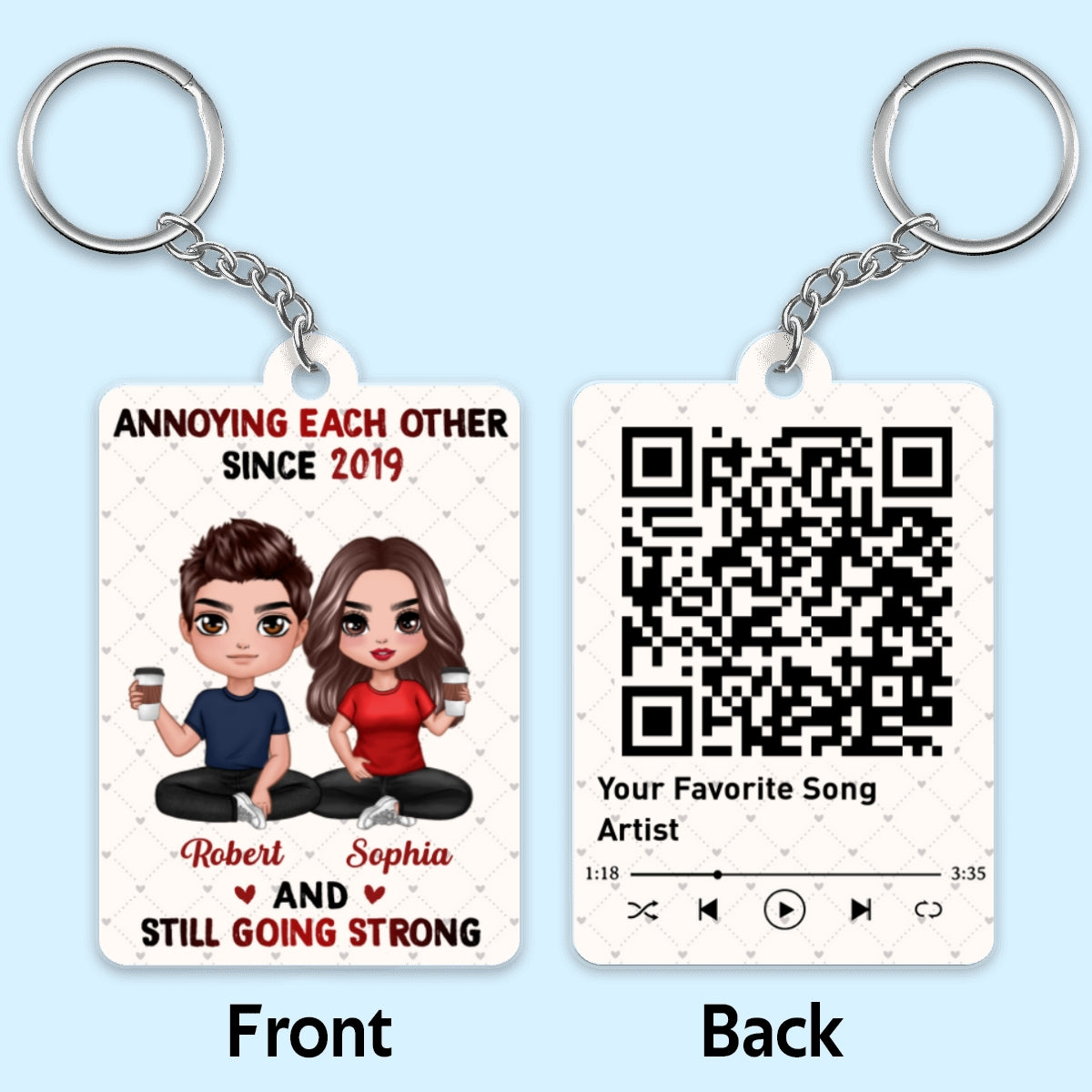 Hearts Pattern Doll Couple Sitting Favorite Song Scannable QR Code Personalized Acrylic Keychain
