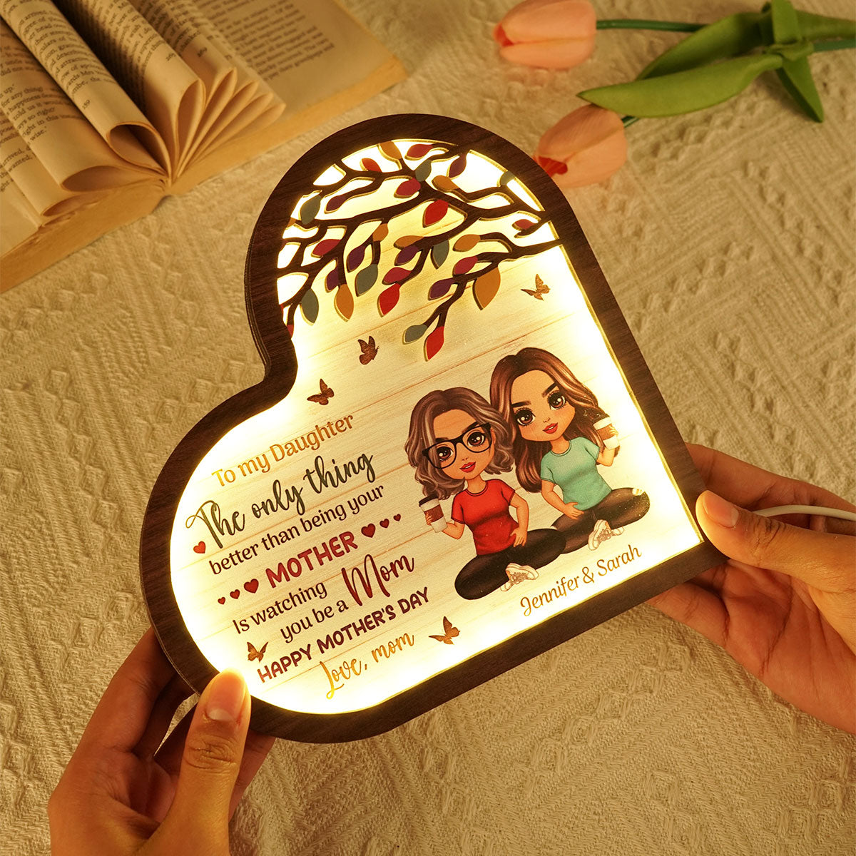 To My Daughter Gift From Mom Heart Personalized 2-Layered Wooden Plaque With LED
