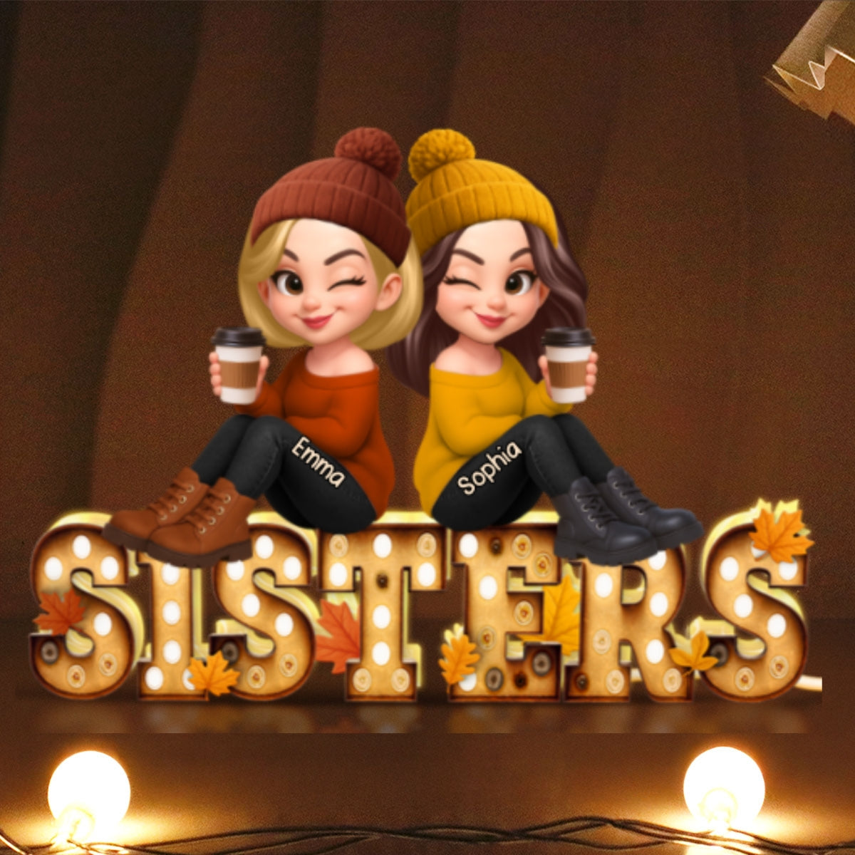 Fall Besties Sitting On Text Marquee Effect Personalized Light Box, Meaningful Gift For Best Friends