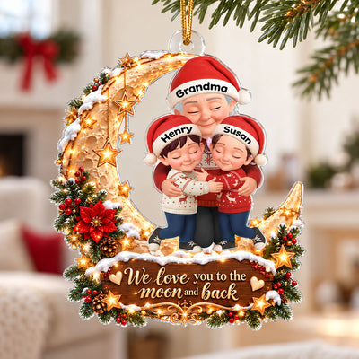 Grandma Grandkid Hugging on Moon - Personalized Acrylic Ornament - Christmas Gift for Grandma, Grandkids