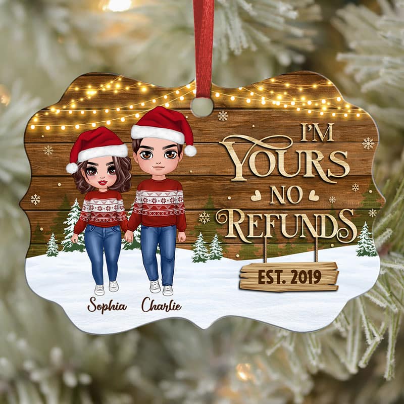 Couple Standing In Snow Wood Background Personalized Christmas Ornament
