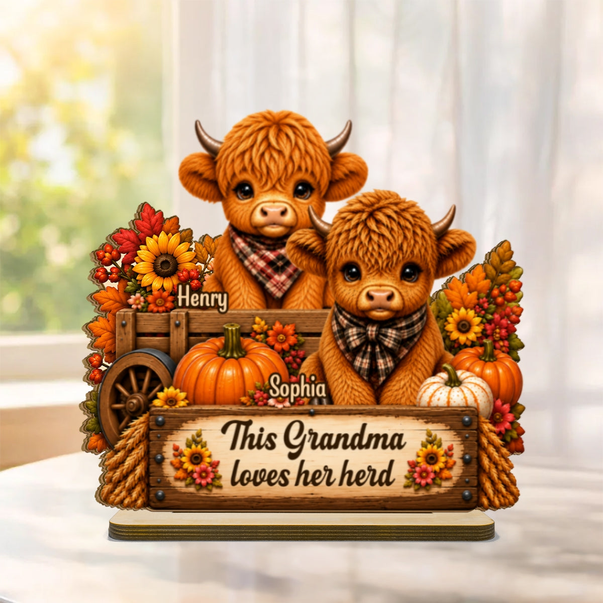 Grandma Loves Her Herd Autumn Leopard - Personalized 2-Layered Wooden Plaque - Fall Season Decor Gift, Gift For Grandma