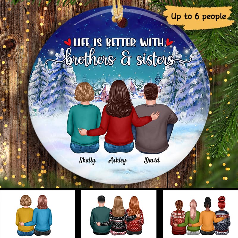Siblings Sister Brother Besties Sitting Christmas Night Personalized Circle Ornament