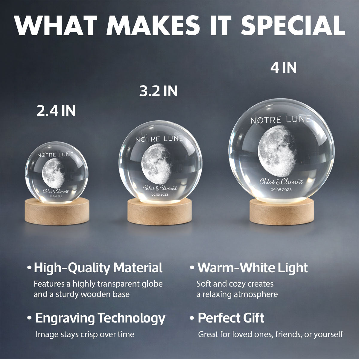 Veilleuse Boule de Cristal LED Personnalisée - Phase de Lune de Votre Jour Spécial - Cadeau pour Couple