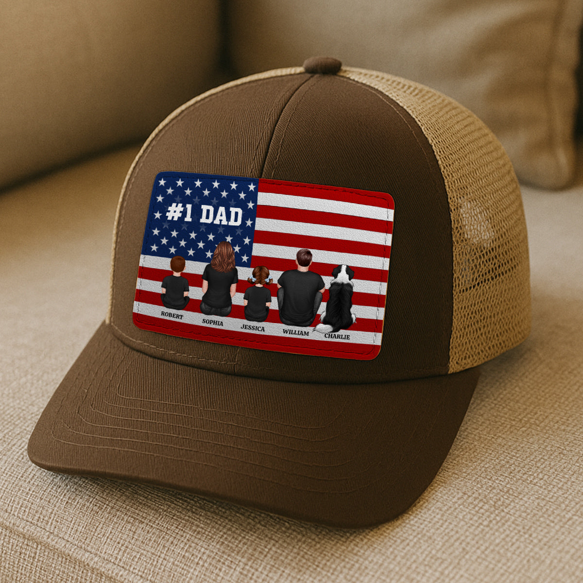 Nation Flag Dad And Kids Sitting Personalized Leather Patch Hat, Gift For Dad