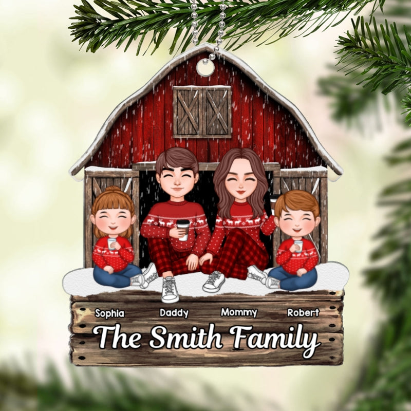 Cute Family Dad Mom Kids Dogs Cats Sitting At Red Barn Tree Farm Personalized Acrylic Ornament