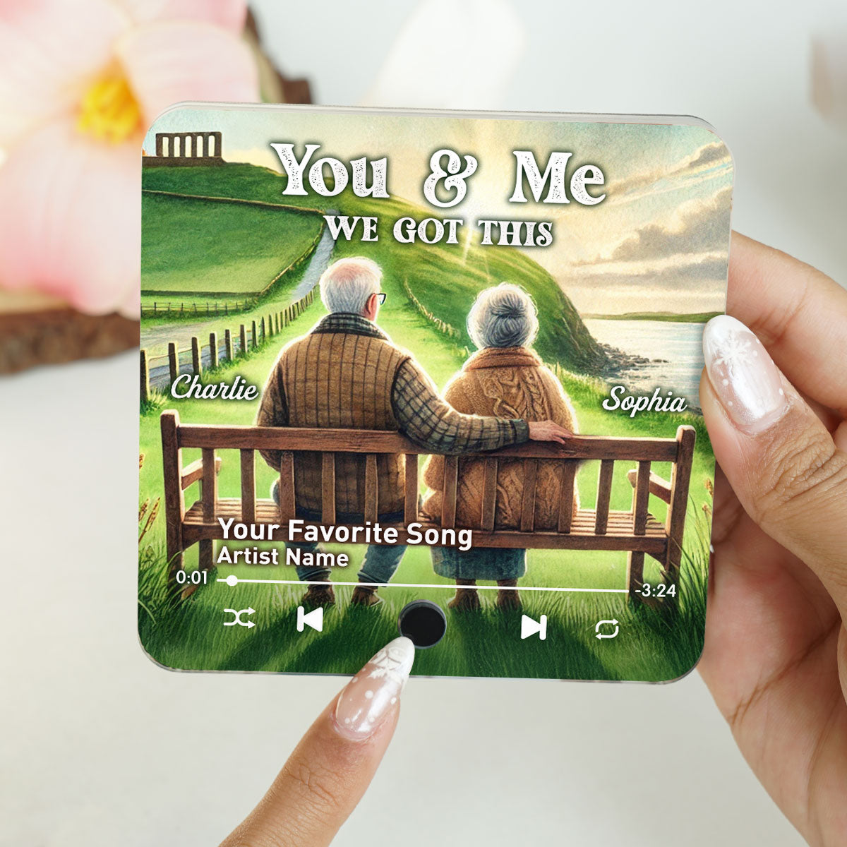 Old Couple Sitting On Grass Hill Favorite Song Personalized Music Fridge Magnet, Valentine's Gift For Her, Gift For Him
