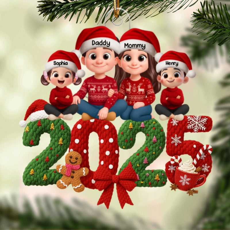 Family Sitting 2025 Latch Hook Yarn Faux - Personalized Acrylic Ornament - Christmas Gift for Family