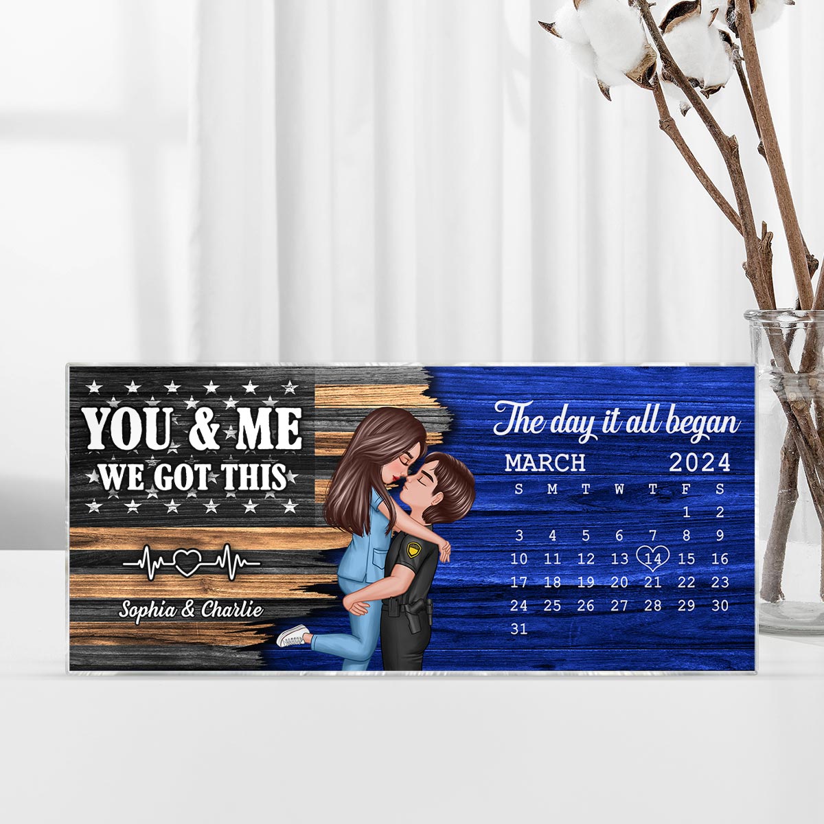 Hero Couple Hugging Kissing Half Flag Anniversary Calendar Keepsake  Gift by Occupation Personalized Acrylic Block Plaque