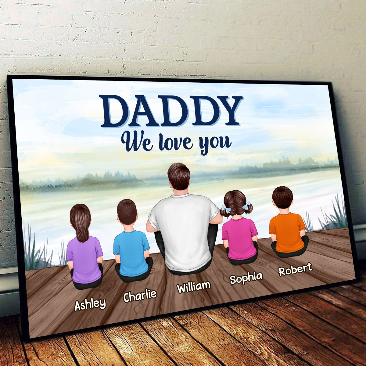 Dad Grandpa We Love You Back View Man & Kids Blue Theme Lake View Personalized Horizontal Poster