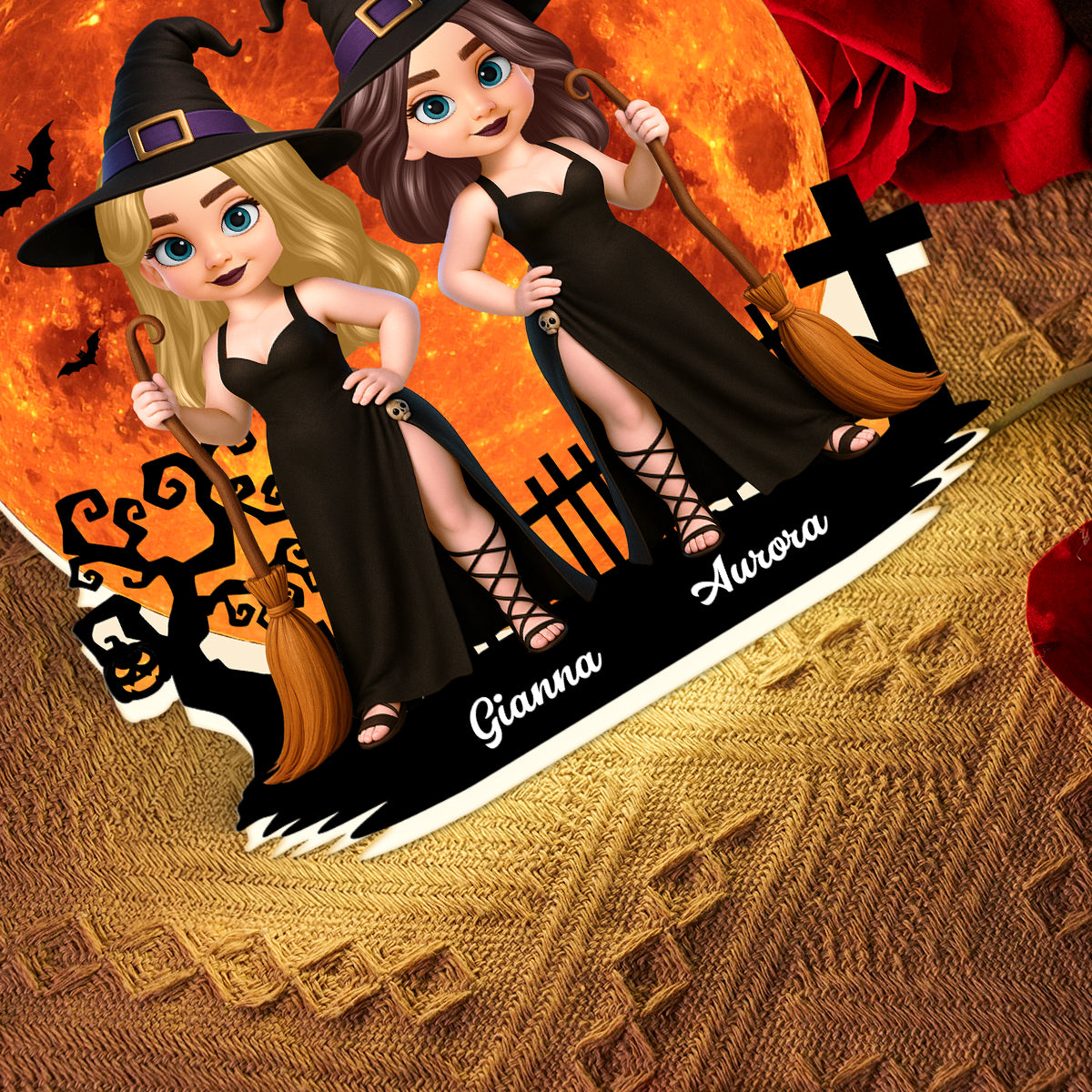 Cartoon Pretty Witch Under Halloween Moon Wicca Pagan Decor Personalized Light Box, Gift For Her