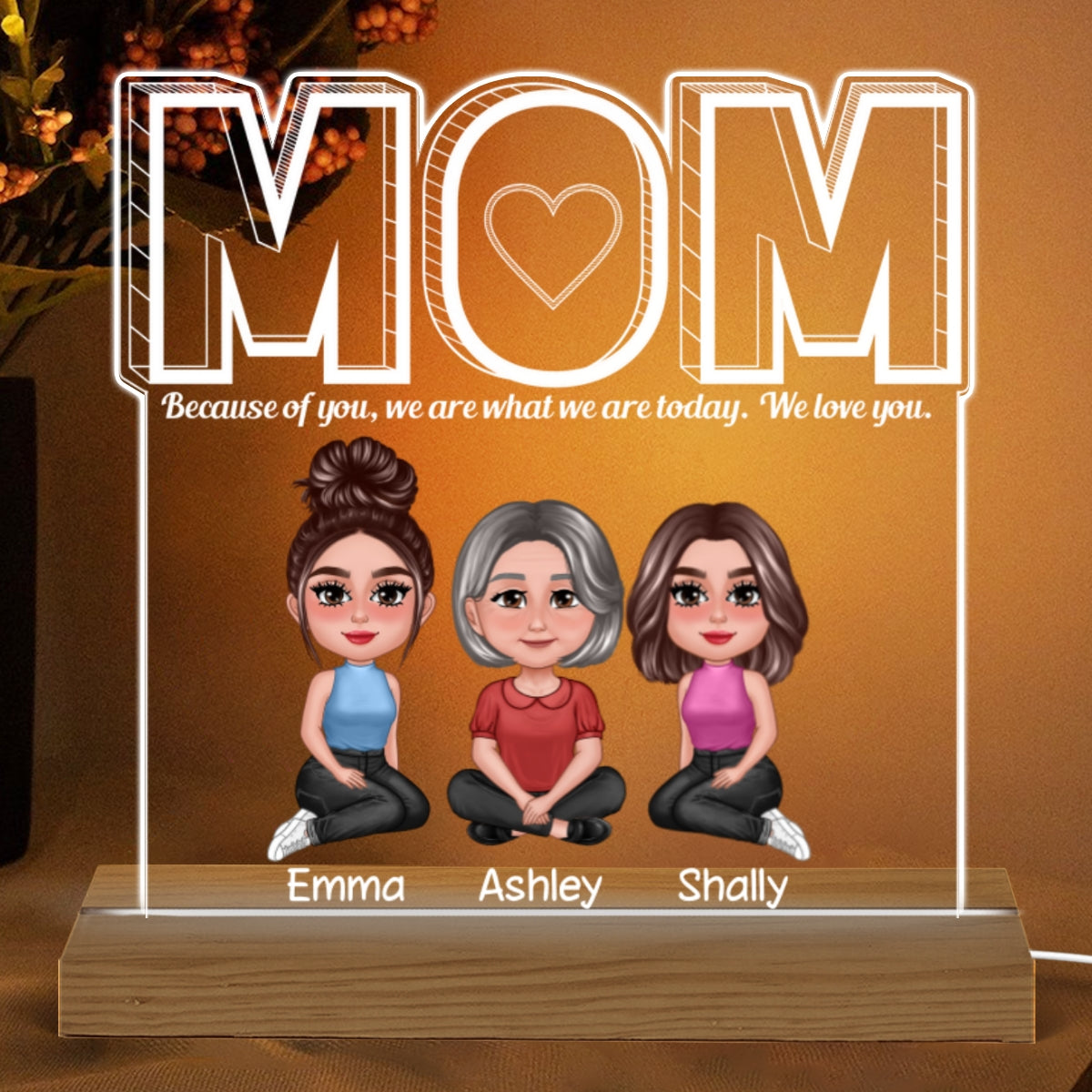 Mom We Love You Pretty Mom Daughter Personalized Custom Shaped Acrylic Plaque With LED Night Light