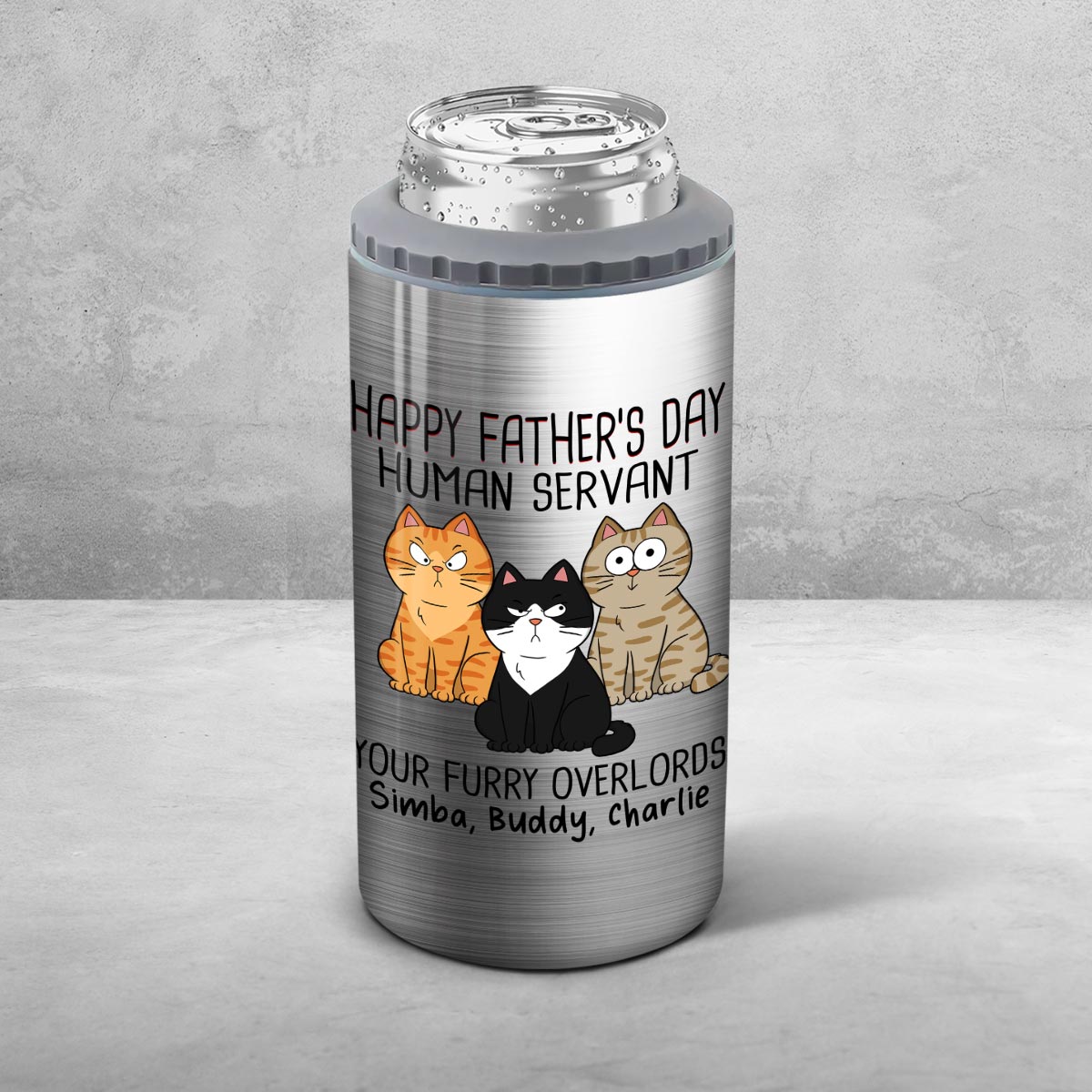 Happy Father‘s Day Human Servant Funny Cute Cats Personalized Can Cooler, Gift For Cat Dad
