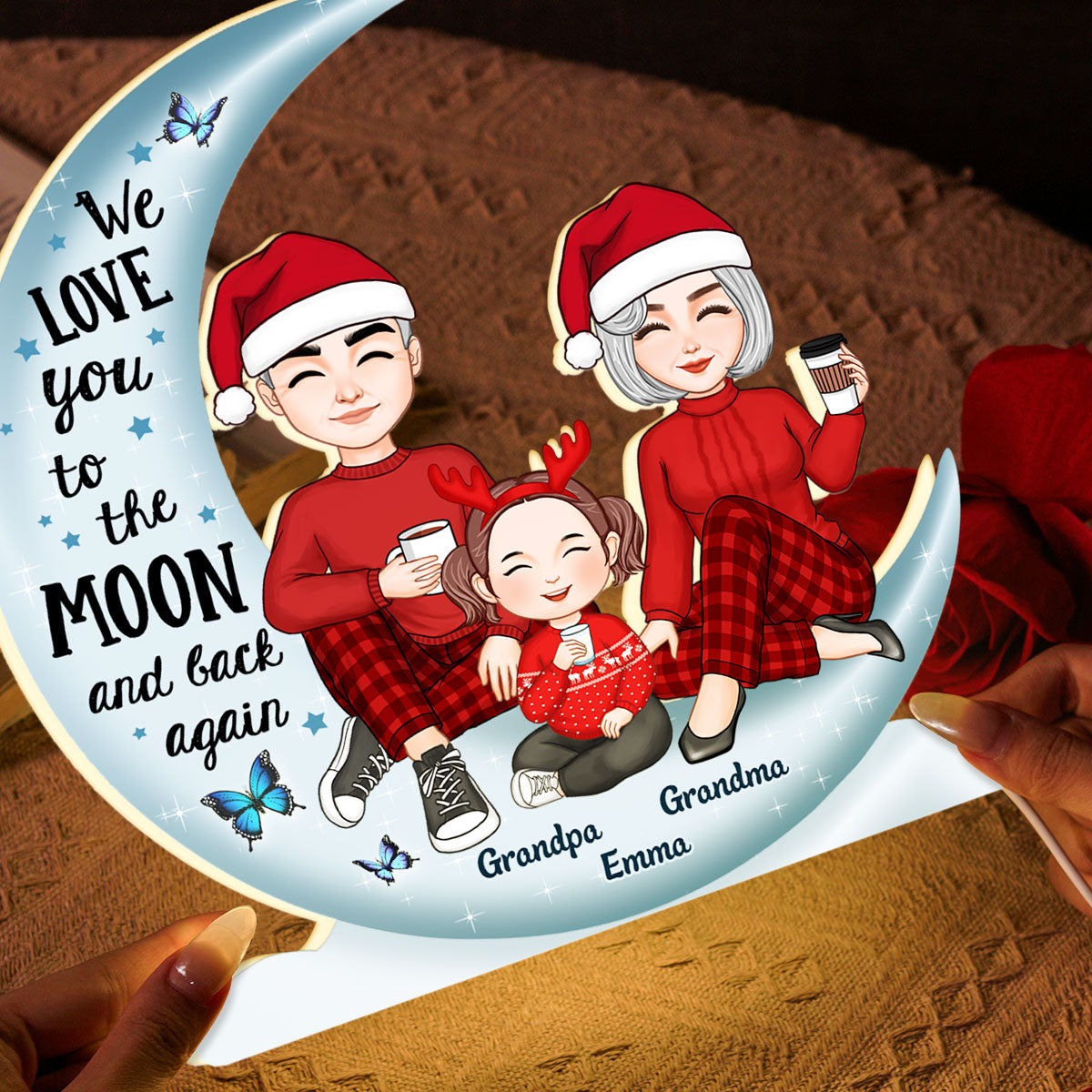 Cute Grandma Grandpa Grandparents & Grandkid On Moon - Personalized Light Box