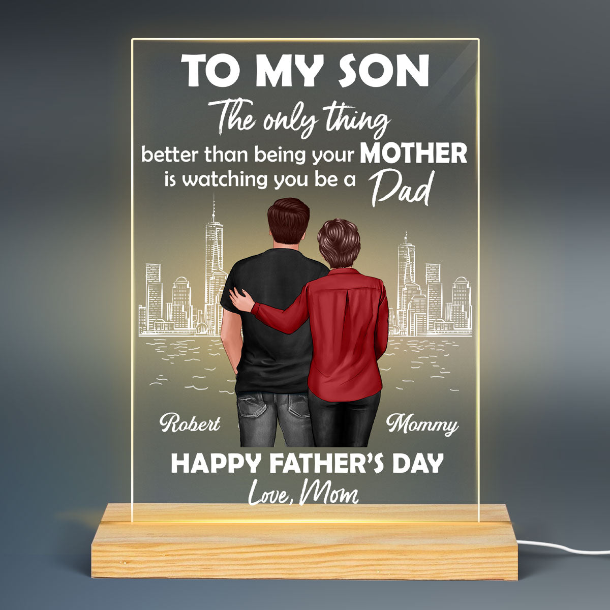 Skyline To My Son From Mom Happy Father‘s Day Back View Personalized Rectangle Acrylic LED Night Light