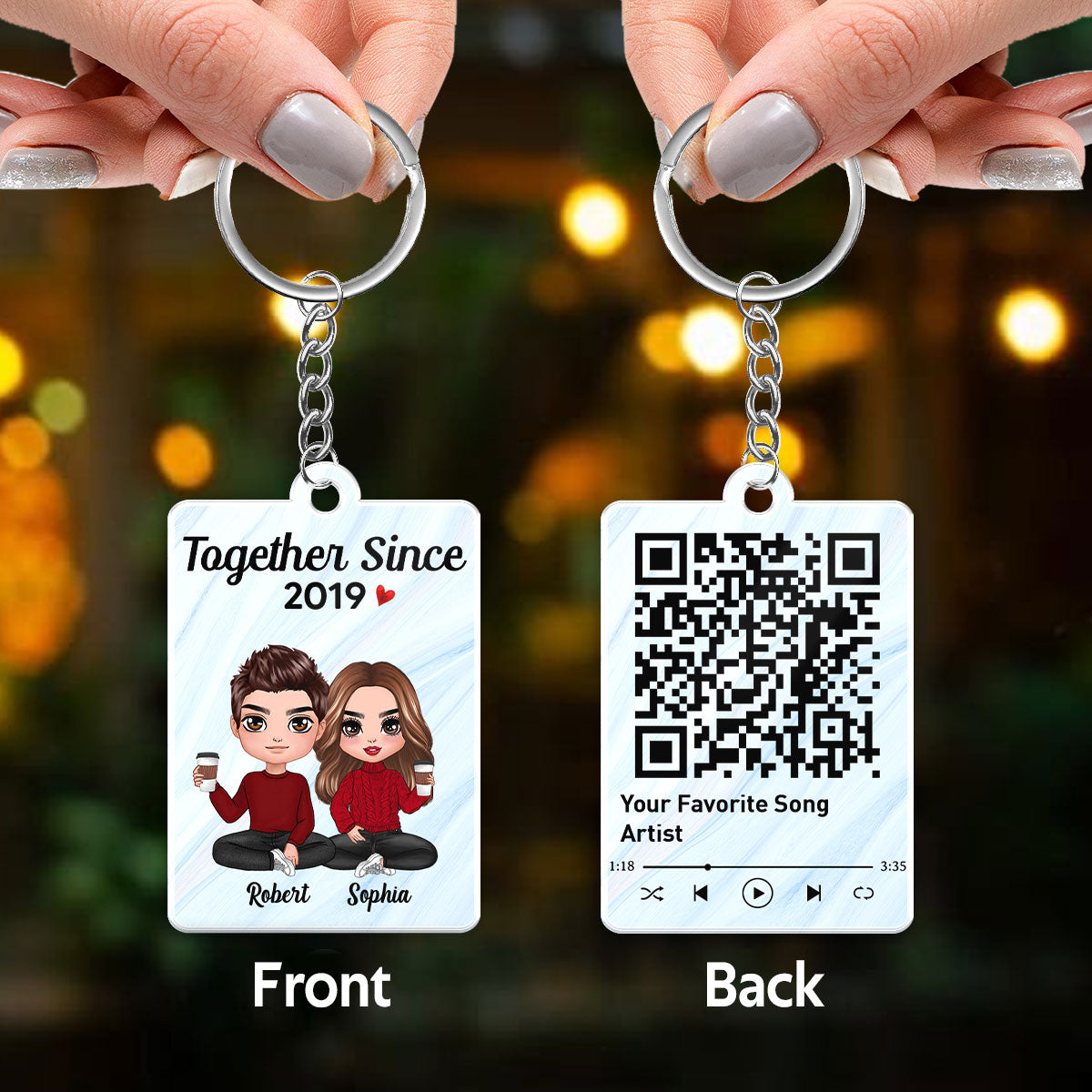 Doll Couple Sitting Together Favorite Song Scannable QR Code Marble Effect Personalized Acrylic Keychain