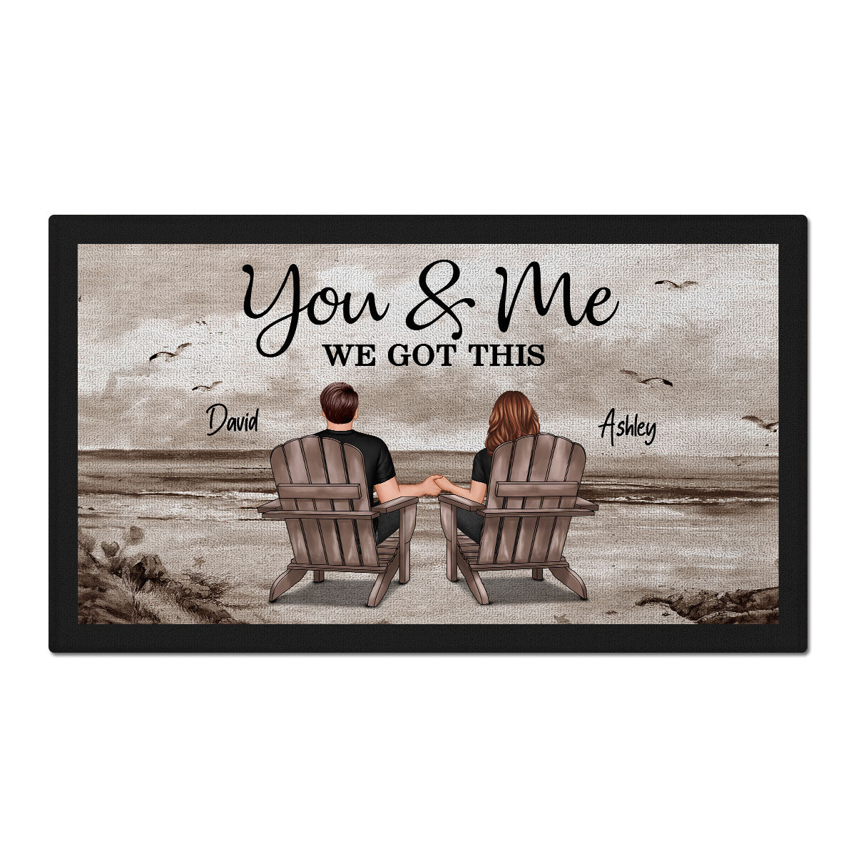 Retro Vintage Back View Couple Sitting Beach Landscape Personalized Doormat