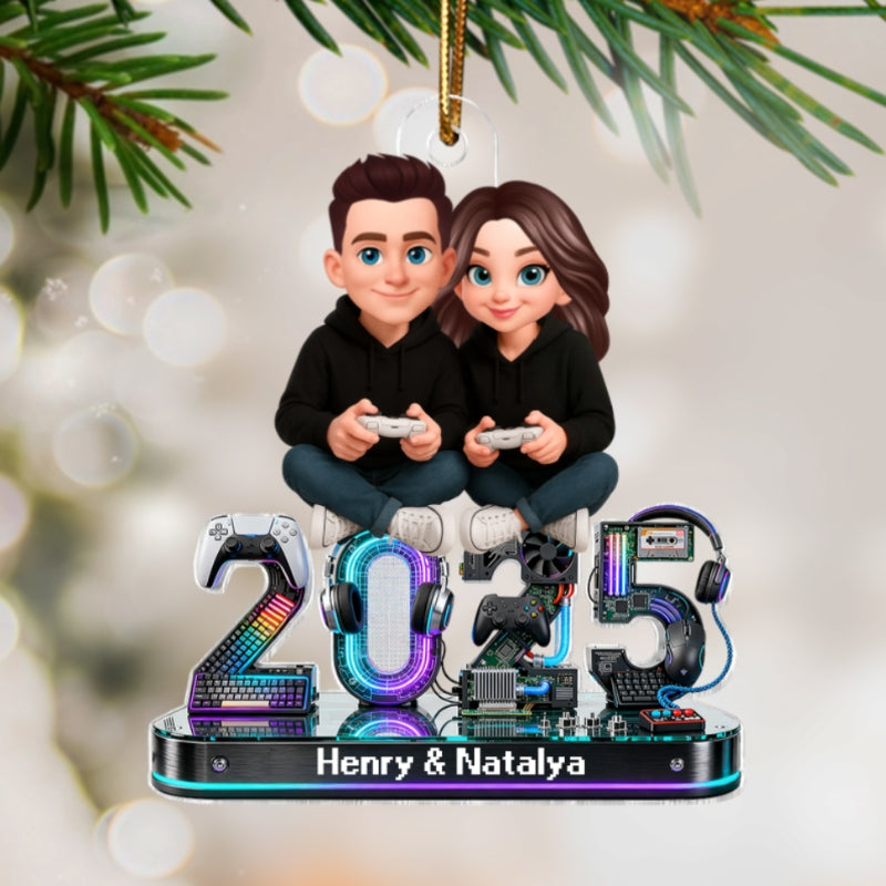 3D Effect Couple Gaming Forever 2 Player Mode Signature Symbols Christmas - Personalized Acrylic Ornament - Gift For Gaming Couple, Gift For Him, For Her