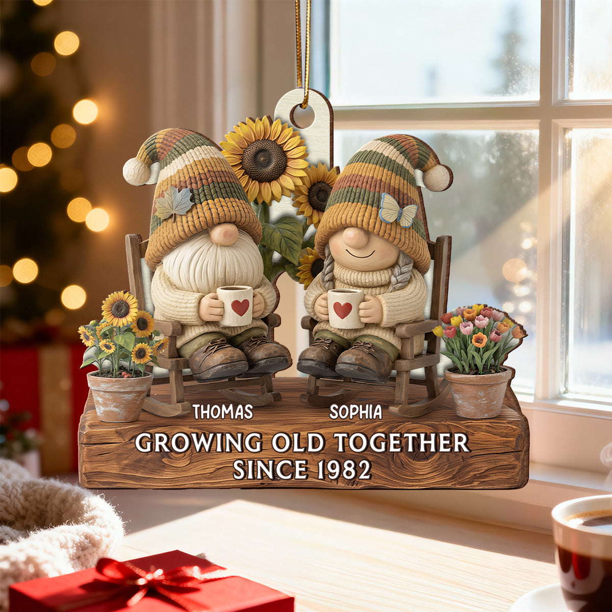 3D Effect Vintage Gnome Couple Grow Old Together - Personalized Wooden Ornament
