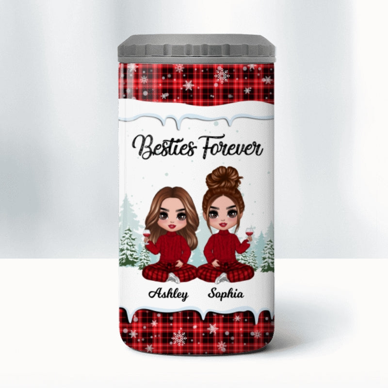 Checkered Pattern Besties Sisters Personalized 4 In 1 Can Cooler