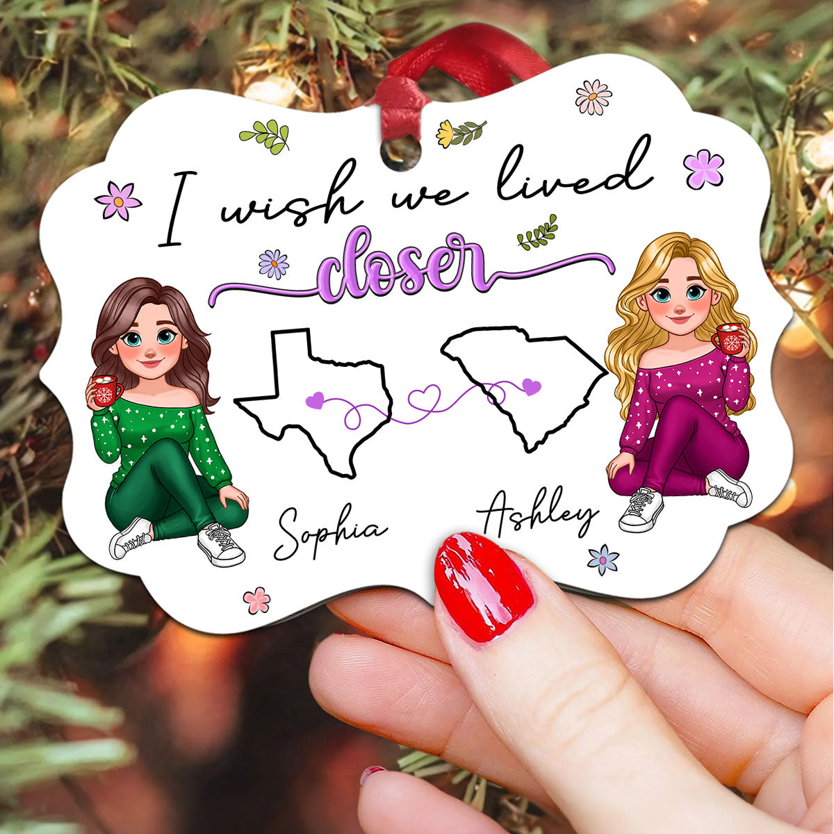 I Wish We Lived Closer Long Distance Animated Besties Personalized Aluminum Ornament, Christmas Gift For Best Friends