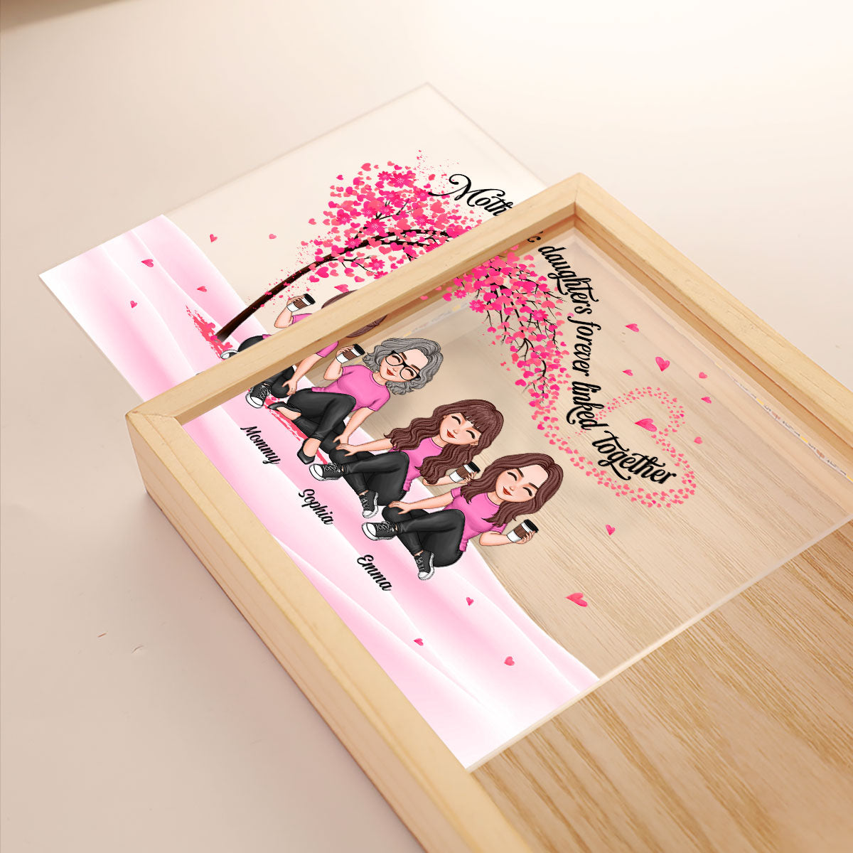Mom And Daughters Under Pink Tree Personalized Wooden Frame Light Box