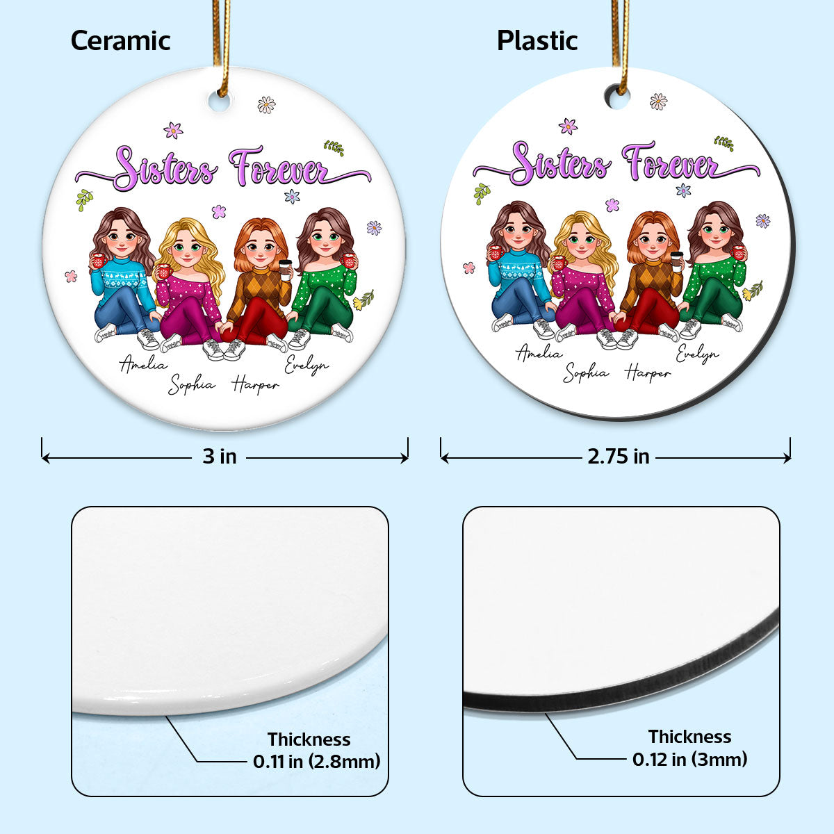 Animated Sisters Forever Floral Personalized Ceramic Ornament, Christmas Gift For Sisters, Best Friends