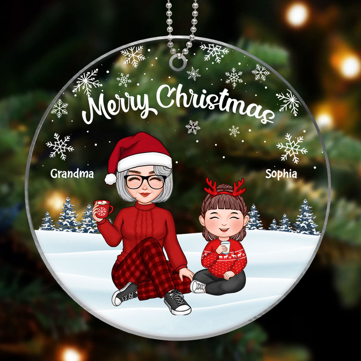 Cute Grandma & Grandkids Sitting In Snow Personalized Acrylic Ornament