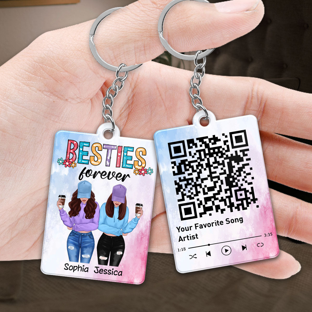 Front View Besties To My Bestie Favorite Song Scannable QR Code Personalized Acrylic Keychain