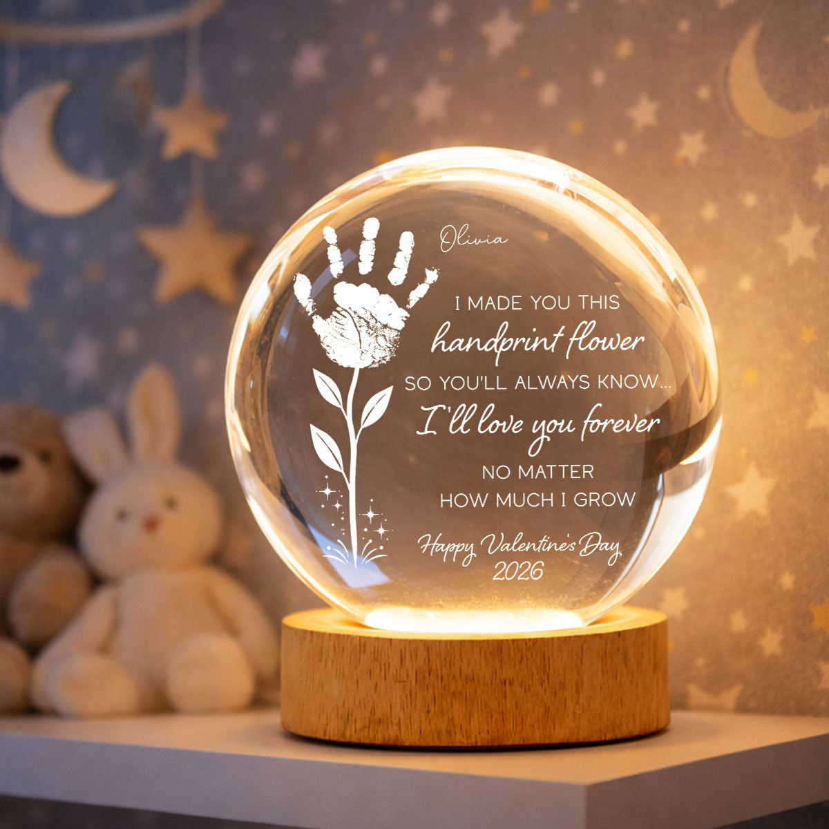 Valentine Day Handprint Art Craft - Personalized Crystal Ball LED Night Light - Anniversary, Valentine's Day Gift, Gift For Him, Gift For Her