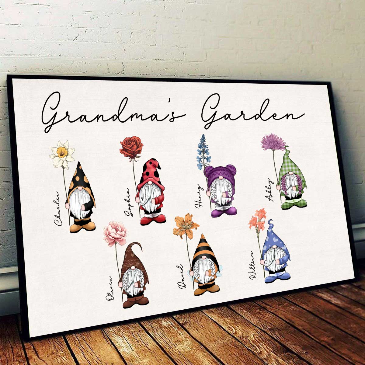 Gift For Grandma Mom Grandma‘s Garden Vintage Birth Flowers Cute Gnomes Personalized Horizontal Poster