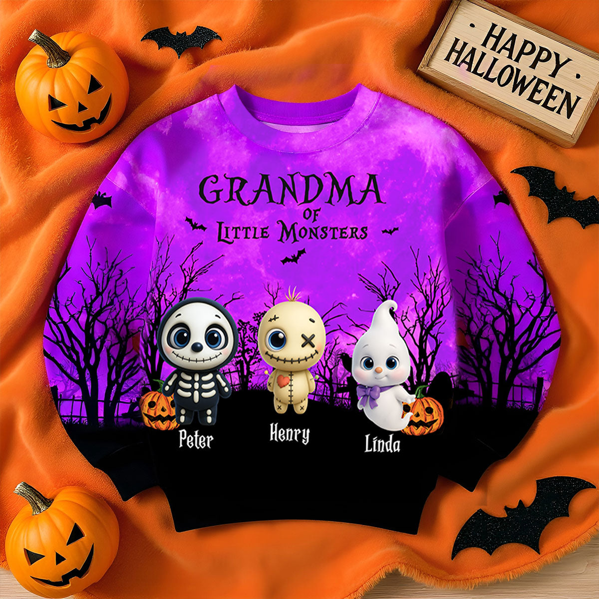 Grandma Mom Cute Little Monsters Halloween Moon Light Bat Tree Personalized 3D Sweatshirt, Purrfect Costume for Grandma