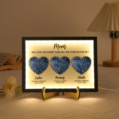Mom We Love You More than All the Stars in the Ky, Custom Star Map by Location & Date, Personalized 2-Layered Wooden Plaque with LED, Gift for Mom from Daughter, Son, Heartfelt Gift